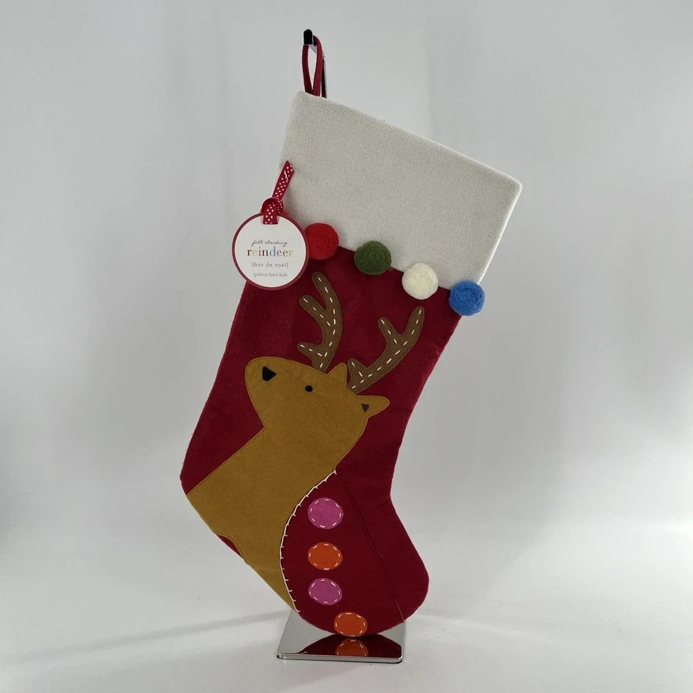 Rare‎ Pottery Barn Felt Christmas Stocking Reindeer Poms Fleece Cuff Stitch, 22